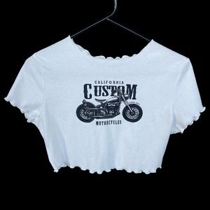 Shein‎ Crop Top Womens Large White Black Ribbed Motorcycle Cropped Lettuce Trim